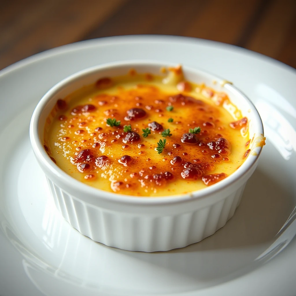 A close-up of a crème brûlée with a caramelized sugar crust, garnished with small herbs, served in a white ramekin on a white plate.