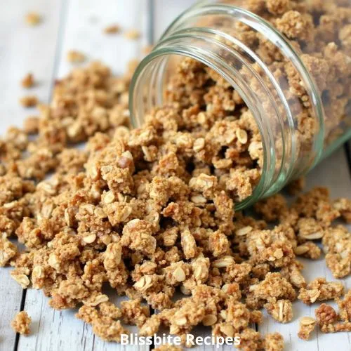 Jar of homemade vanilla nut granola spilling onto a wooden surface.