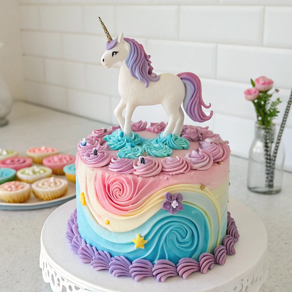 A beautifully decorated unicorn cake with pastel buttercream swirls, a white fondant unicorn topper, and colorful accents.