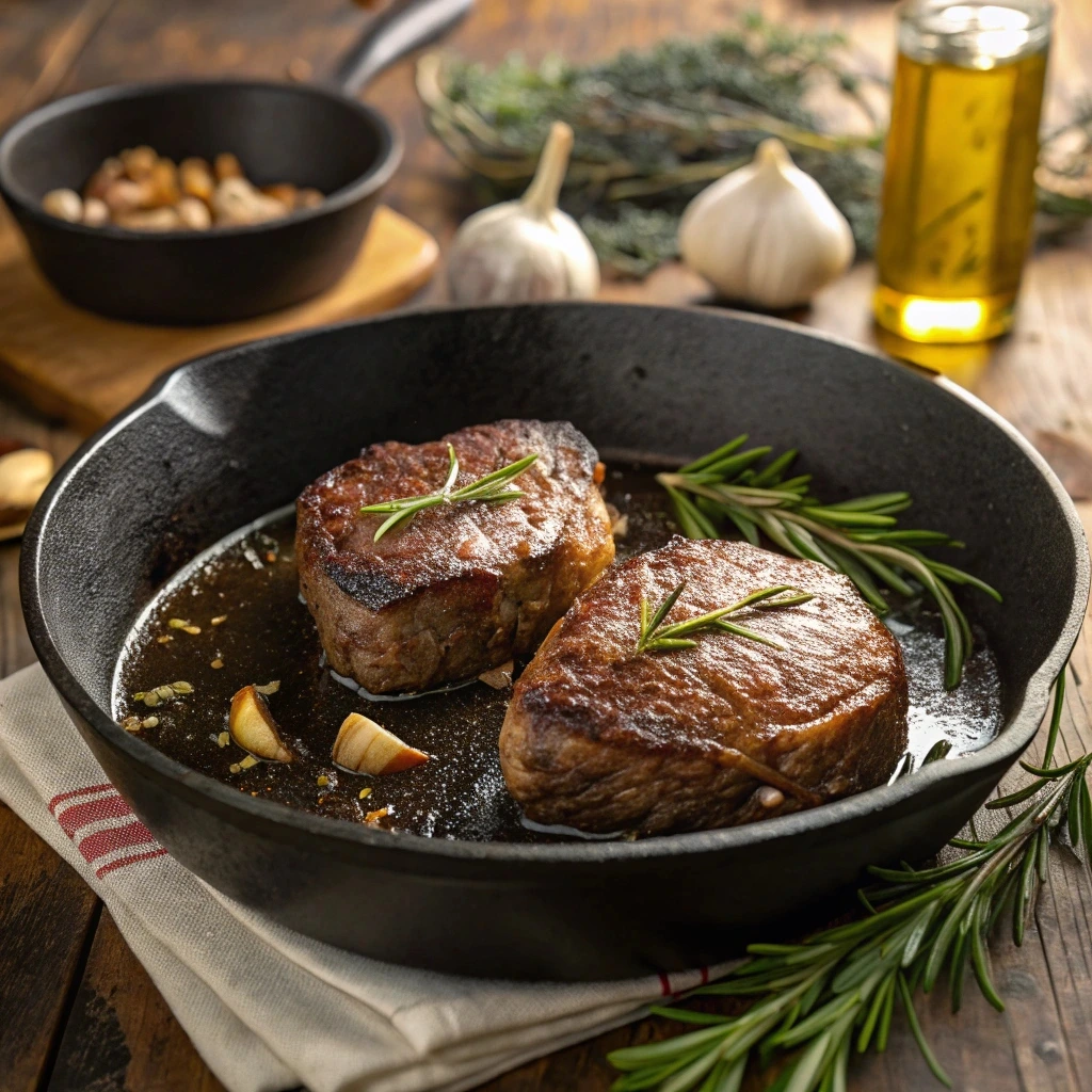 Beef cheek meat searing in a cast iron skillet with herbs and garlic