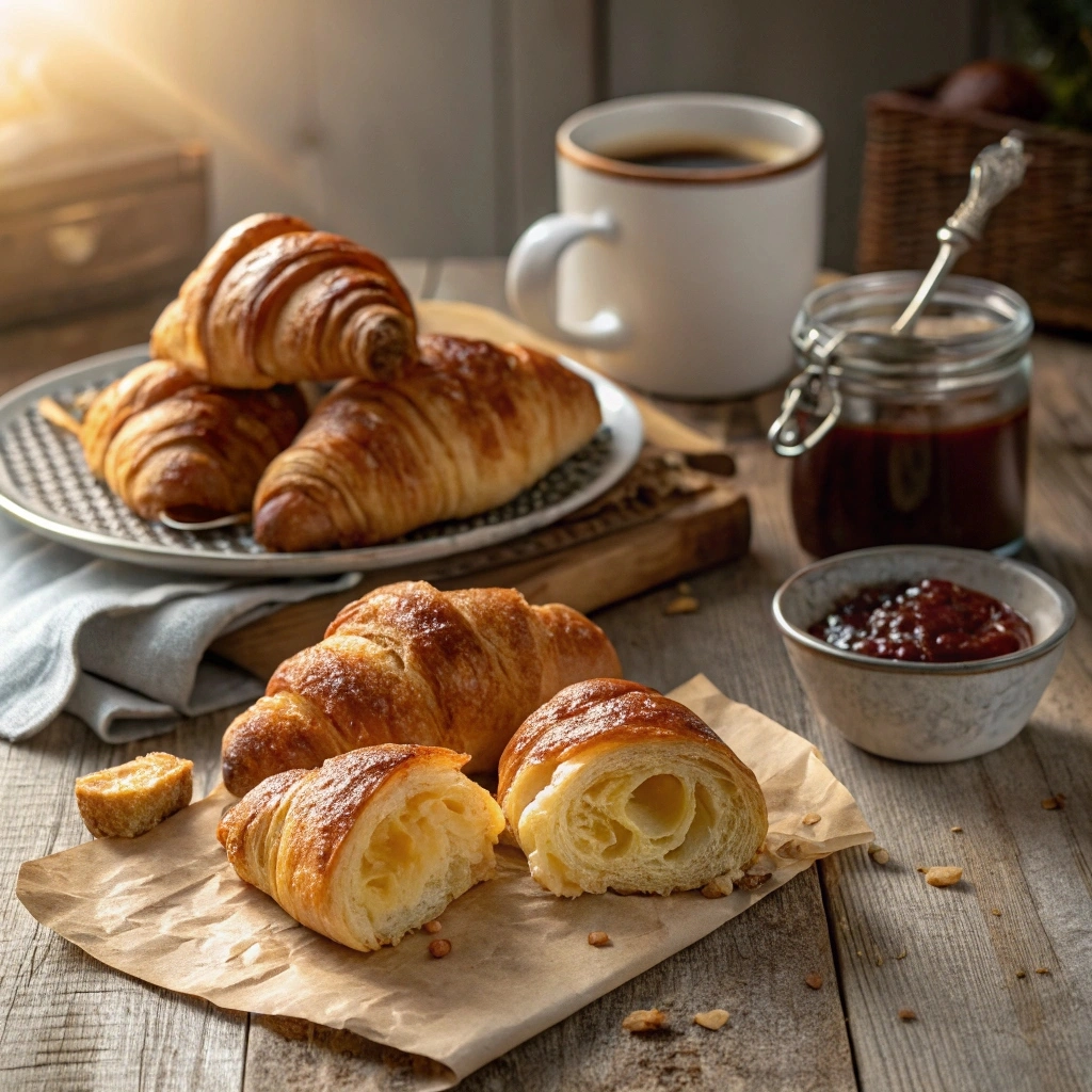 Freshly baked croissants served with coffee and jam on a rustic breakfast table.