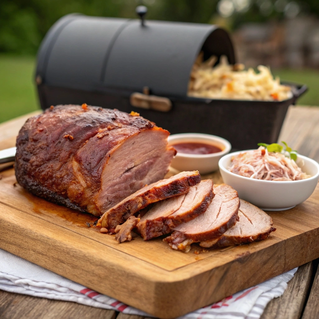 Juicy smoked pulled pork with a crispy bark served on a wooden cutting board with barbecue sauce.