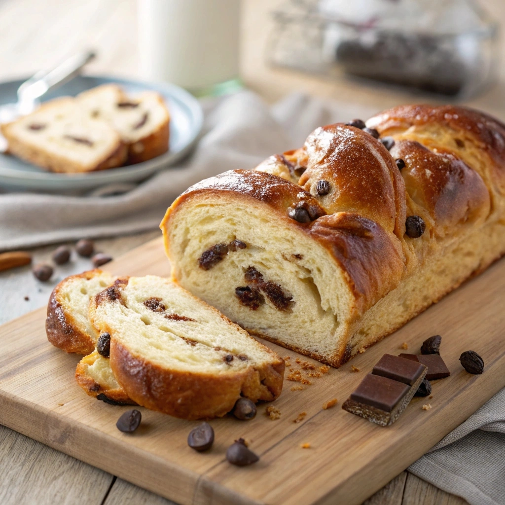 Sliced braided chocolate chip brioche recipe showing the chocolate-filled interior