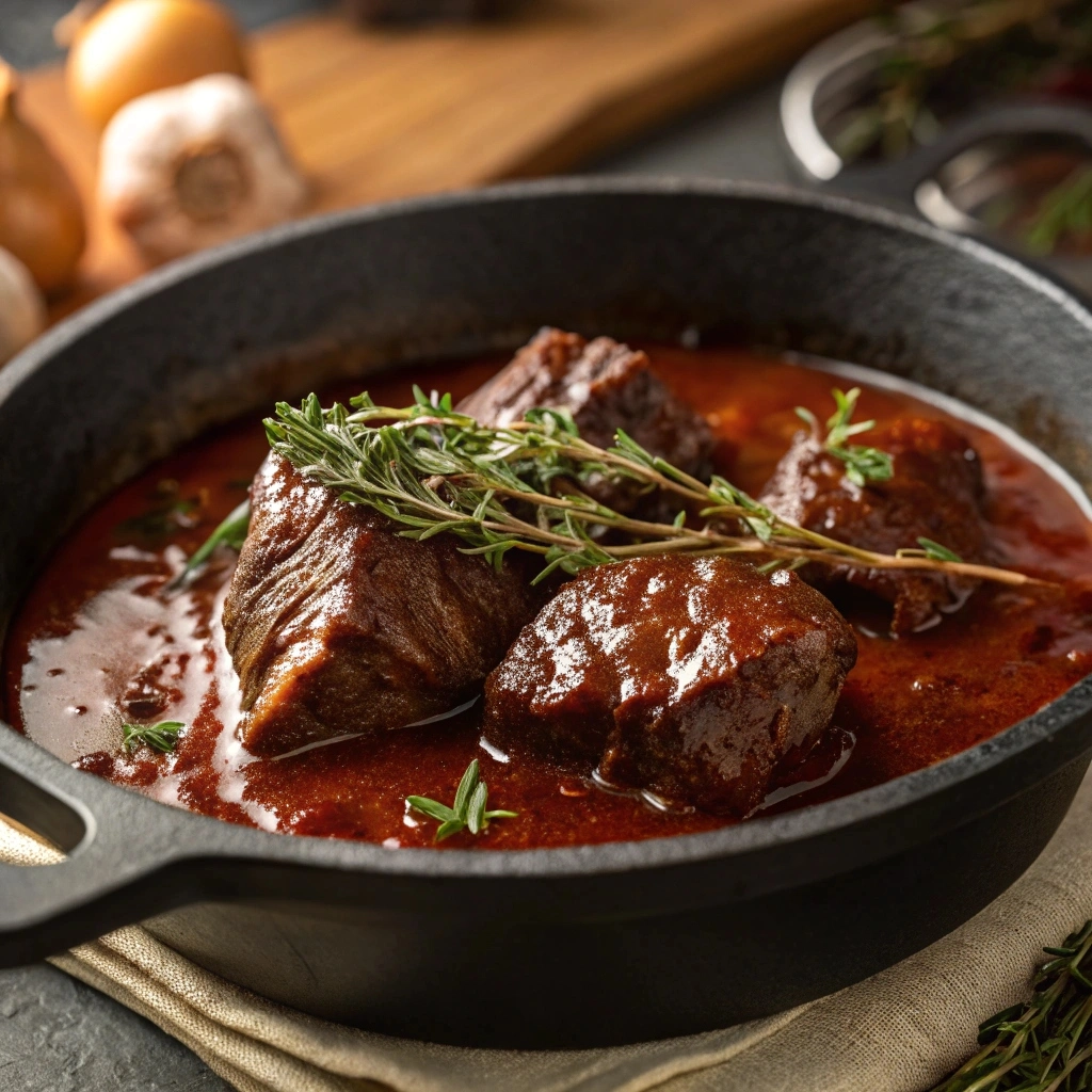 Tender braised beef cheeks in a rich red wine sauce, served in a cast-iron pan.