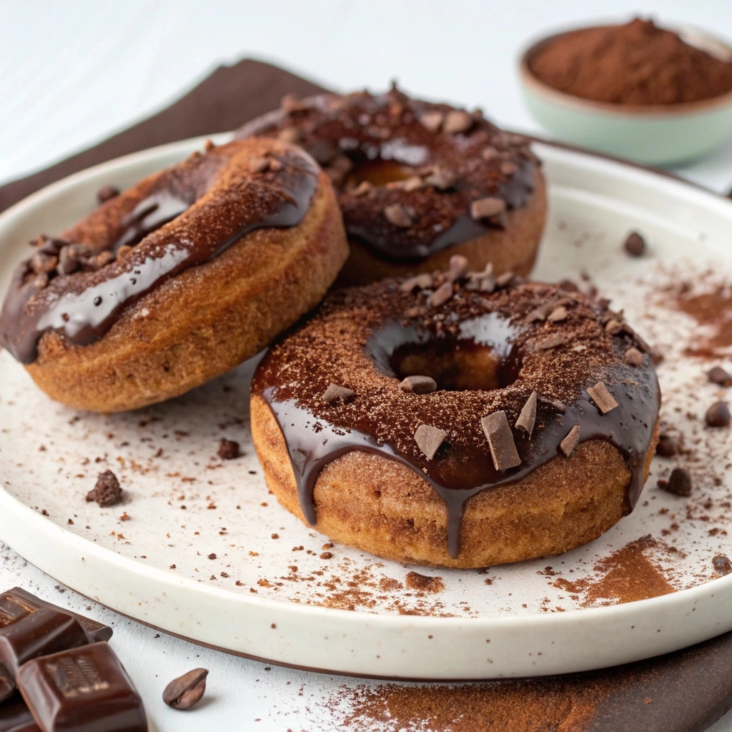 Protein-rich donuts with a glossy chocolate glaze and chocolate shavings.