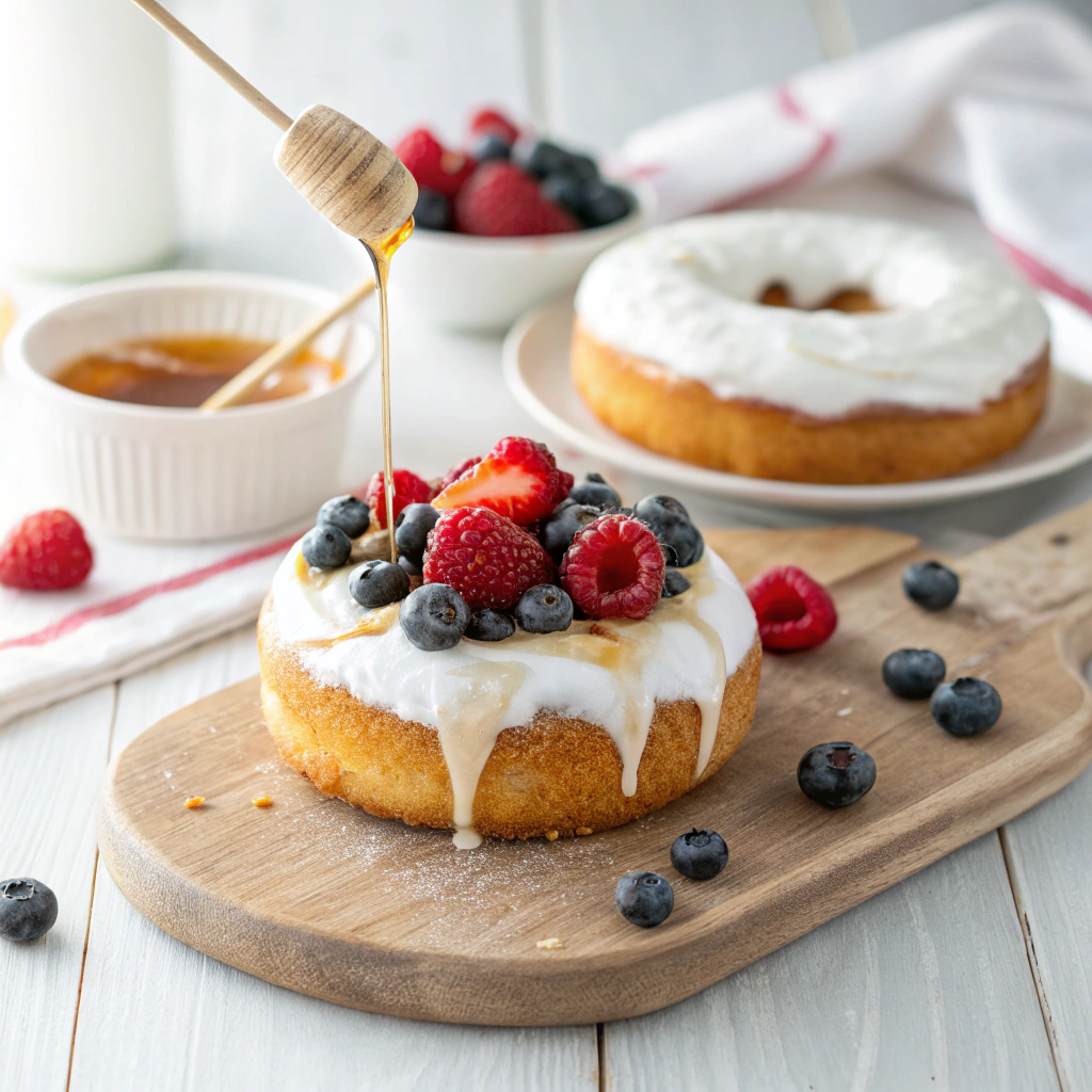 Protein donut with a thick Greek yogurt glaze, drizzled with honey and garnished with fresh berries like raspberries and blueberries.