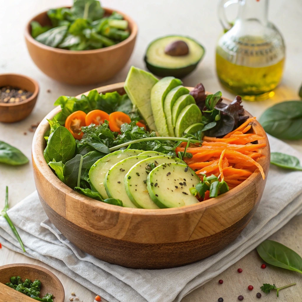 Healthy fats like avocado, olive oil, and coconut oil on a wooden table
