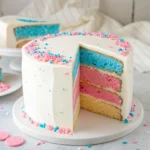 Creative gender reveal cake with a white exterior and vibrant pink or blue sponge interior, surrounded by confetti.
