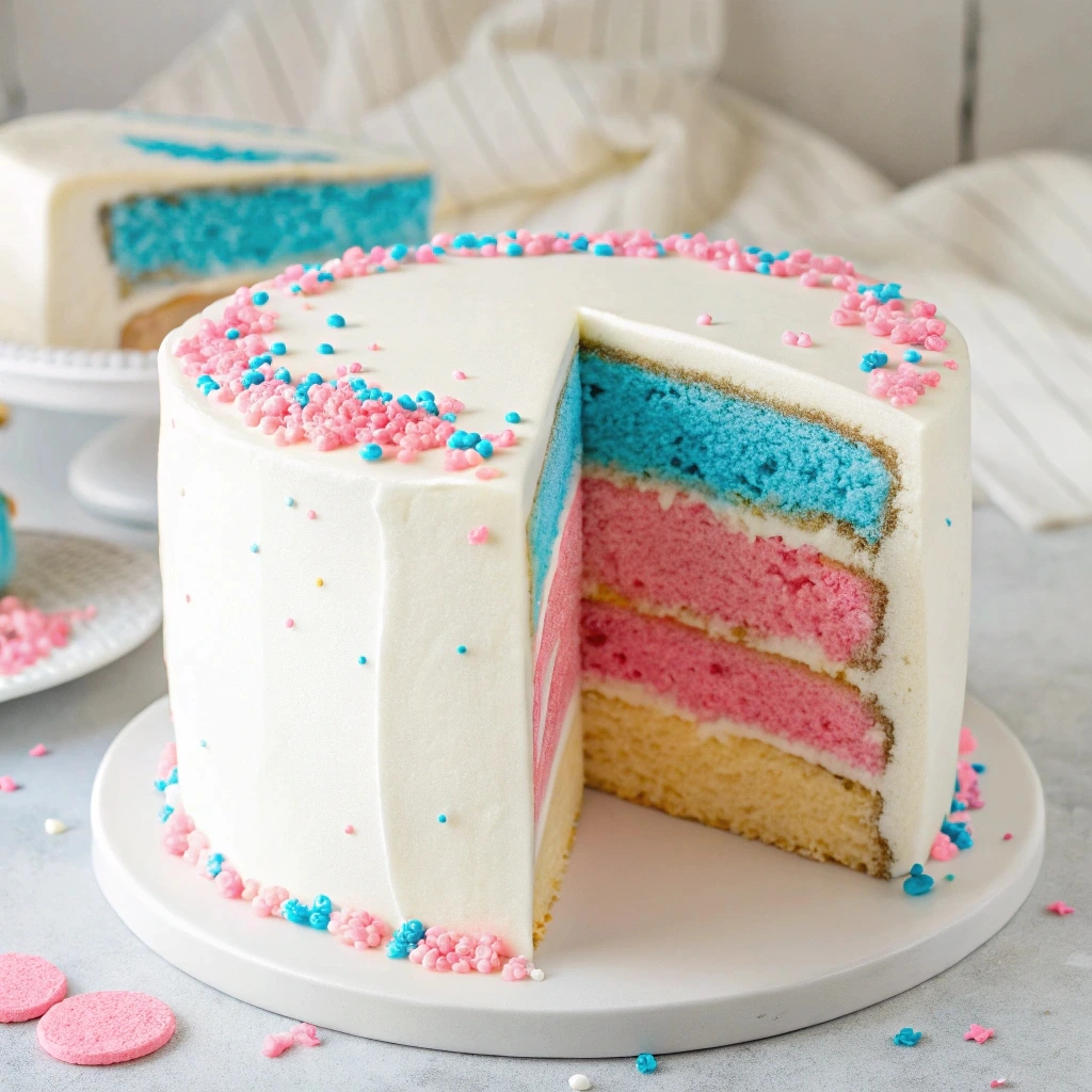 Creative gender reveal cake with a white exterior and vibrant pink or blue sponge interior, surrounded by confetti.