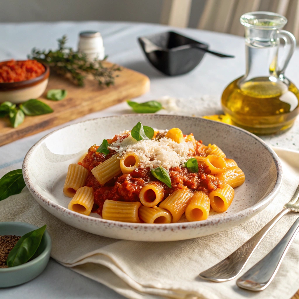 Plate of ditalini pasta with tomato sauce, grated Parmesan cheese, and fresh basil.