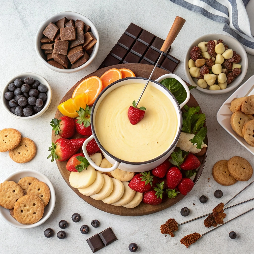 Overhead view of a fondue platter with assorted dippers like fresh fruit and cookies.