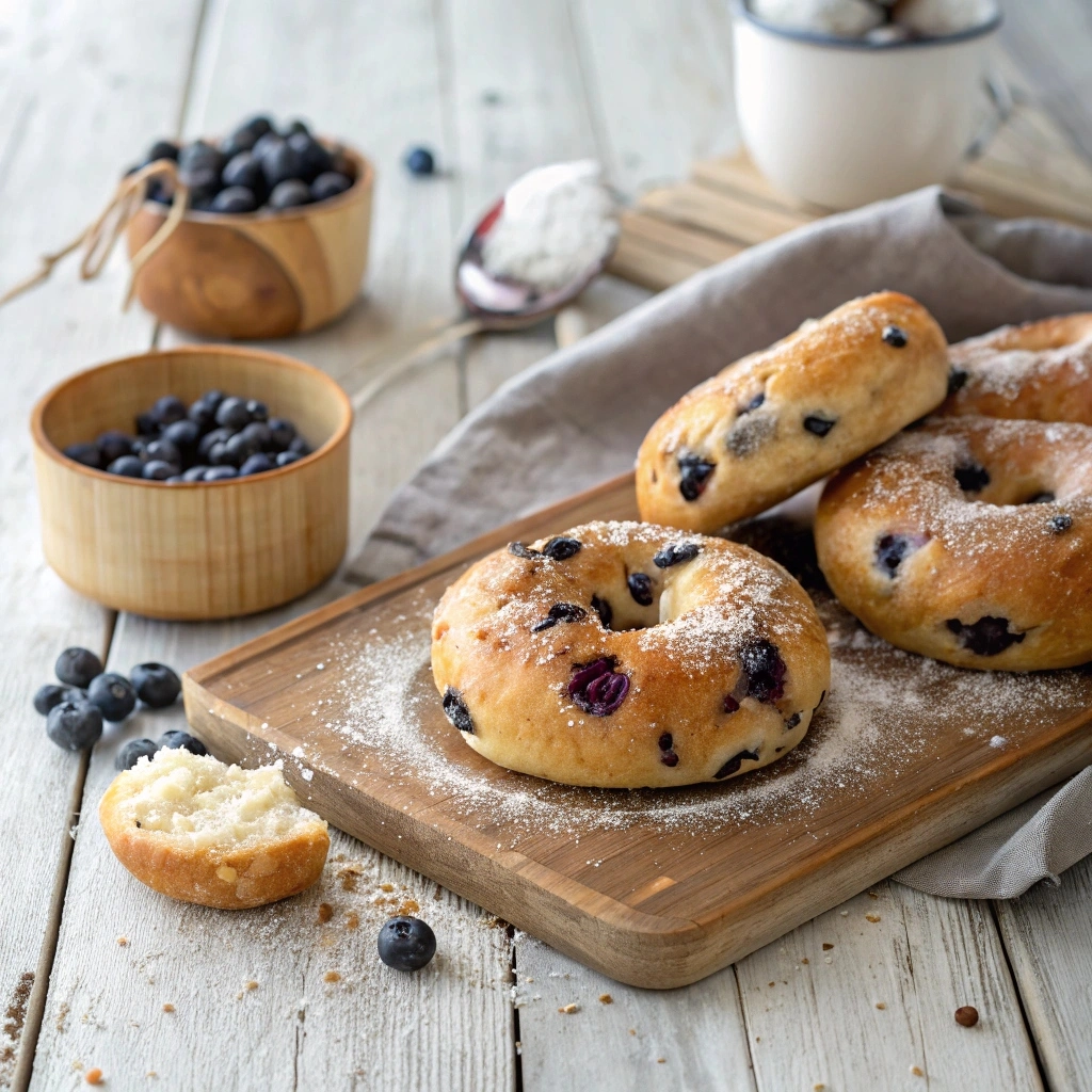 Freshly baked blueberry bagels on a wooden table, perfect for a healthy breakfast.