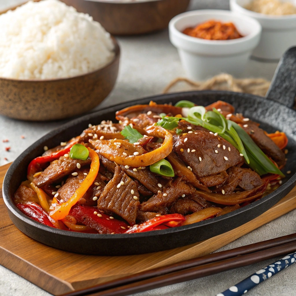 A plate of easy asian Spicy Korean BBQ Beef (Bulgogi) with tender beef slices, spicy glaze, and a side of kimchi and rice.