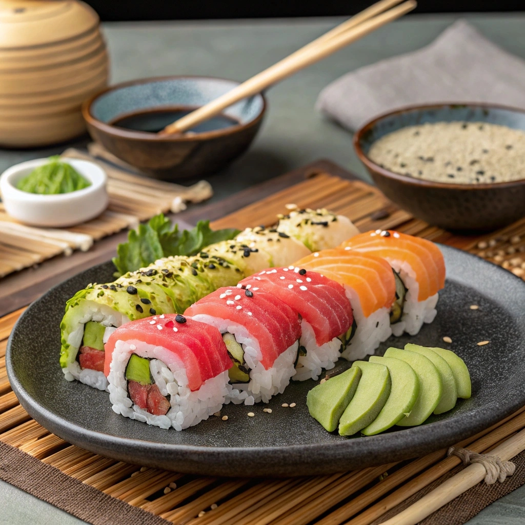 Assorted Japanese sushi rolls with tuna, salmon, and avocado.