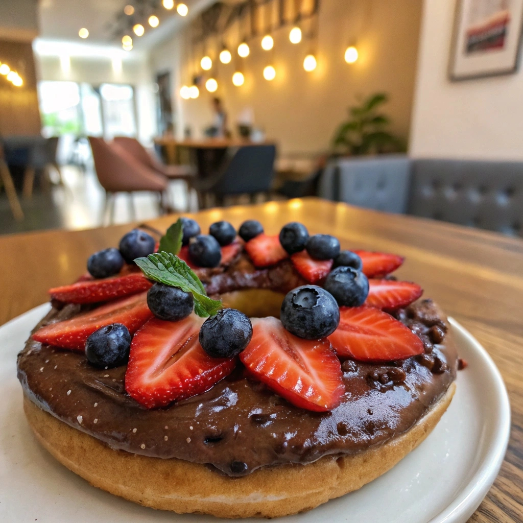 A blueberry bagel with a rich Nutella spread and fresh strawberry slices, a chocolatey Blueberry Bagel Toppings treat.