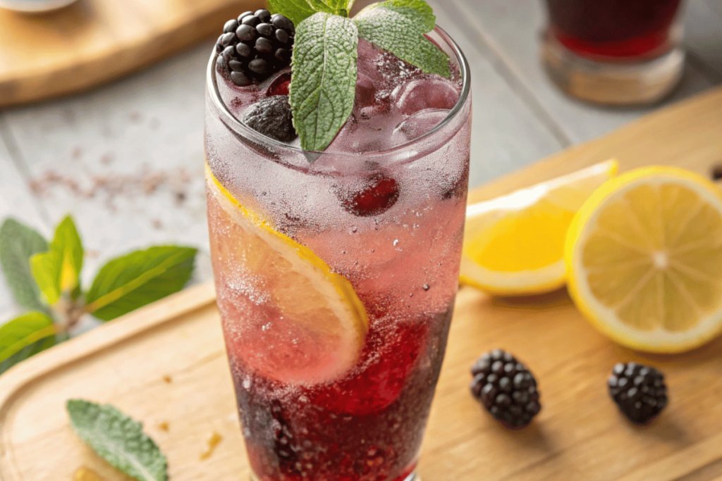 Homemade blackberry sage lemonade refresher in tall iced glass with lemon and sage