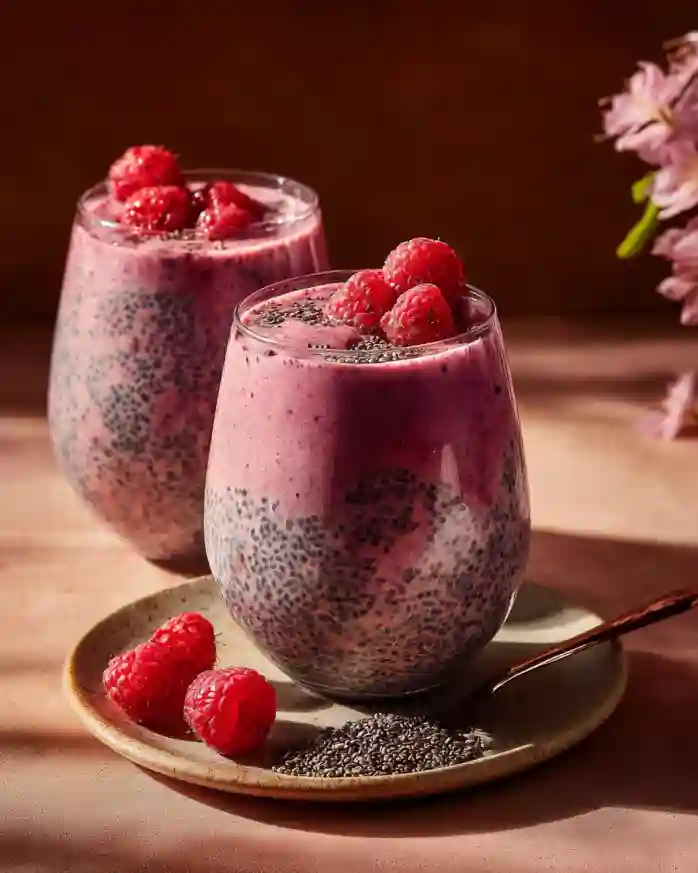 Two glasses of raspberry chia seed smoothie layered with chia pudding and topped with fresh raspberries.