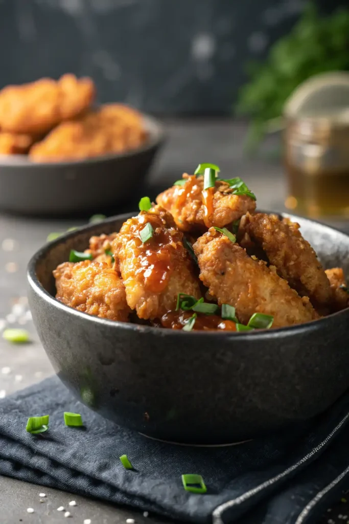 A close-up, professional photograph of golden-brown crispy chicken crispers piled in a dark ceramic bowl, glistening with a shiny honey-hot sauce glaze and garnished with fresh green chives.
